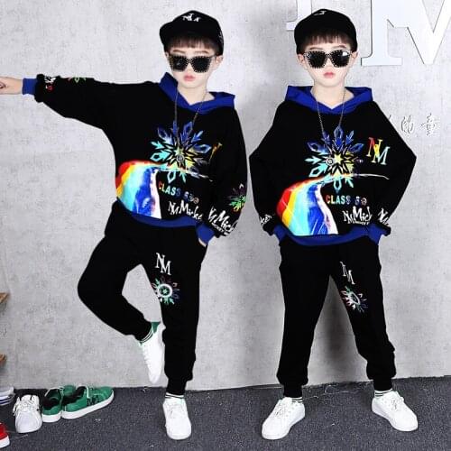 Teen Boy Childrens Autumn Suit Korean Handsome Boy Printed Hooded Sweatshirt Casual Pants 2pcs Suit For Boy Kids Clothing Set