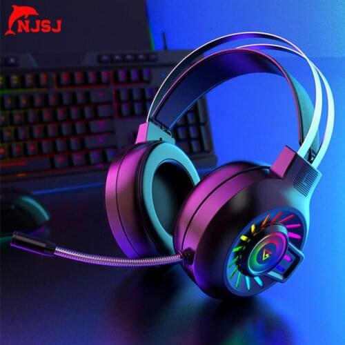 NJSJ Gaming Headset Gamer Headphones Surround Sound Stereo Wired Earphones with Mic Colourful Light PC Laptop Game Headsets
