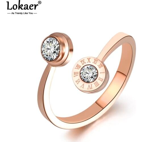 Lokaer Classic Rose Gold Color Roma Letter Ring Jewelry Trendy Titanium Steel CZ Wedding Rings For Women Anel R18033