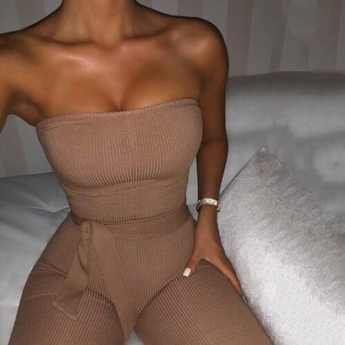 Ribbed Off Shoulder Sexy Jumpsuit Women Strapless Drawstring Summer Women Rompers Skinny Backless Rompers Womens Jumpsuit hot