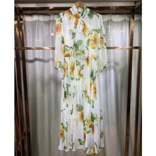 Summer 2021 runways floral print bowtie chiffon dress chic women elegant maxi dress B441