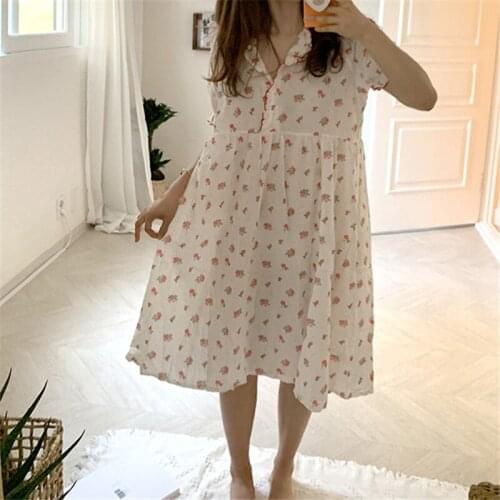 Summer Nightgown Sweet Floral Print Cotton Korean Sleepwear Loose Short Sleeve Sleep Dress O-Neck Home Clothes Homewear