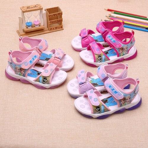 Summer Baby Girls LED Light Sandals Cartoon Frozen Anna Elsa Print Princess Beach Soft Shoes Kids Breathable Cute Flat EUR 21-30