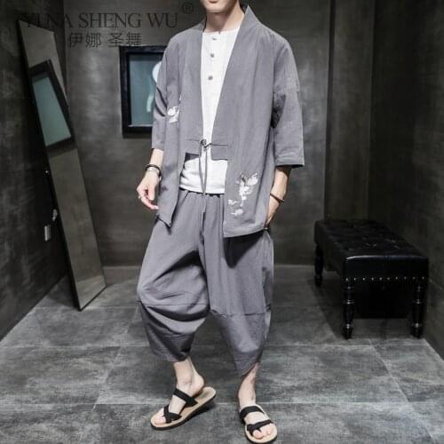 Chinese Style Embroidery Linen Coat Mens Summer Tang Shirt+Pants Loose Large Size Cropped Trousers Japanese Kimono Set Men New