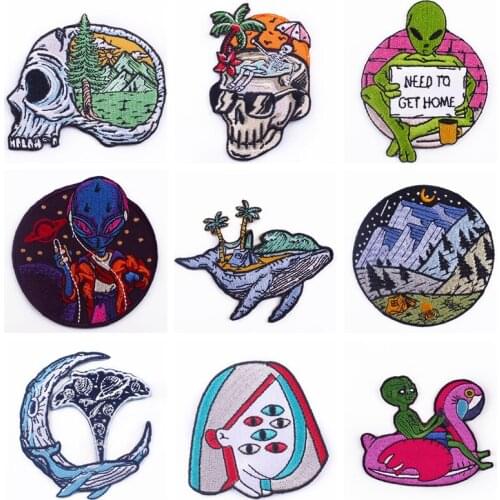 Skull Badge Patch Iron On Patches For Clothes Alien UFO Stripe Fabric Sticker Applique Embroidery Fusible Patch Sew On Clothes