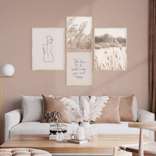 Wall Art Canvas Painting Beige Reed Plants Nordic Line Woman Posters And Prints Landscape Wall Pictures For Living Room Decor