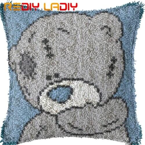 Latch Hook Cushion Shy Grey Bear Pillow Case Acrylic Yarn Sofa Pillow Pre-Printed Canvas DIY Crochet Cushion Cover Arts & Crafts
