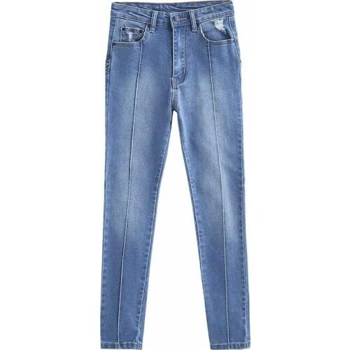 Autumn and winter new street five-pointed star stitching high waist jeans women, solid color sexy hole small feet jeans women