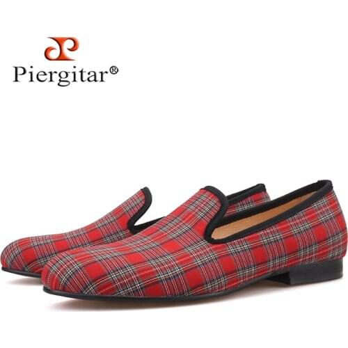 Piergitar 2021 New Handmade Scottish Plaid Men Fabric Shoes Men casual Loafers Plus Size Classic Smoking Slippers Flats