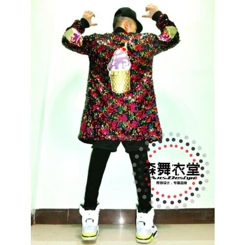 S-5xl ! 2020 Men Nightclub Dj Singer Fluorescent Light Time Baseball Jacket Long Coat Costumes Stage Clothing