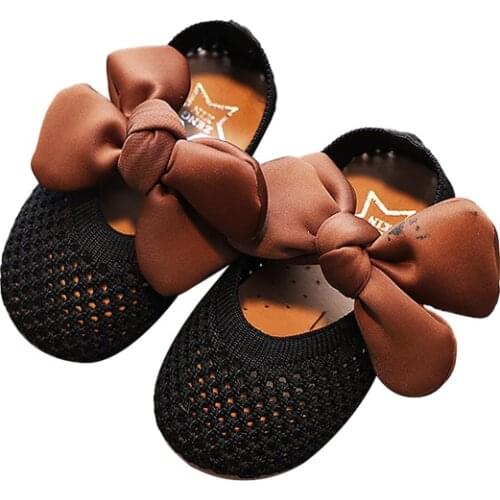 Spring Summer Girls Shoes Knitting Princess Shoes Big Bow Mary Janes Shoes Hollow Outs Kids Flats Child Breathable Sandals 1-7y