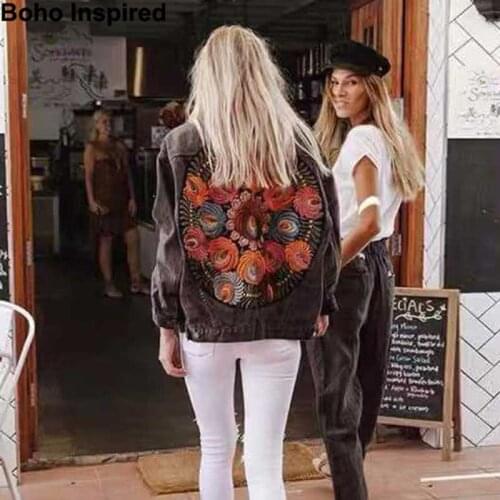 Oversized Multi Floral Embroidered Denim Jacket Long Sleeve Casual Chic Jacket Coat Women 2020 New Winter Coat