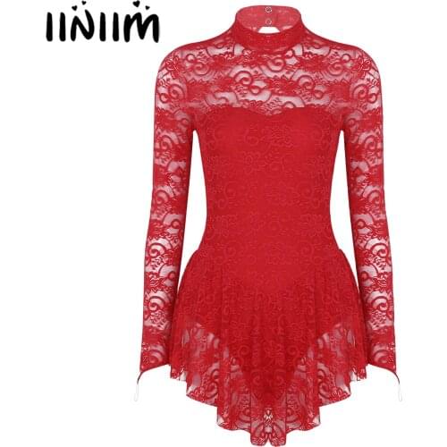 Women Elegant Lyrical Dance Clothes See Through Lace Figure Skating Leotards Dress Ballerina Dance Performance Gymnastic Costume