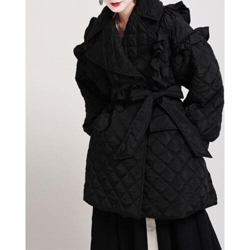 Gothic Warm Belt Slim Waveselvedge Cotton-padded Jacket Women Tops Diamond Lattice Light Padded Jacket Winter Cotton Coat Female