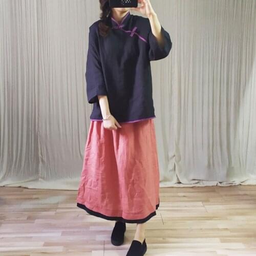 Women Ramie Elastic Waist Patchwork Skirts Ladies Vintage Spliced Vintage Skirt Female 2021 Spring Summer Skirts