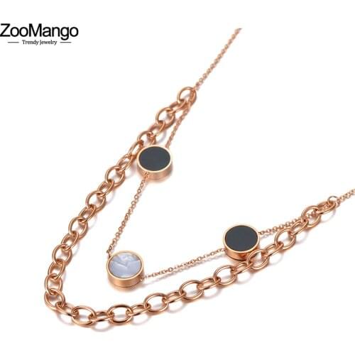 ZooMango Original Double Layer Round Pendant Necklace For Women Stainless Steel Bohemia Acrylic & Shell Choker Necklace ZN20134