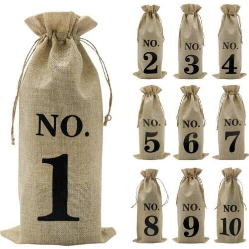 10Pcs Jute Wine Bags, 14 x 6 1/4 Inches Hessian Numbered Wine Bottle Gift Bags with Drawstring for Blind Wine Tasting (Brown)