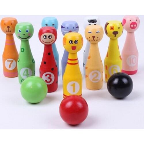 10pcs / set Cartoon Wooden Animals Shape Bowling Set Children Educational Toys Indoor Outdoor Sport Toy Children Gift