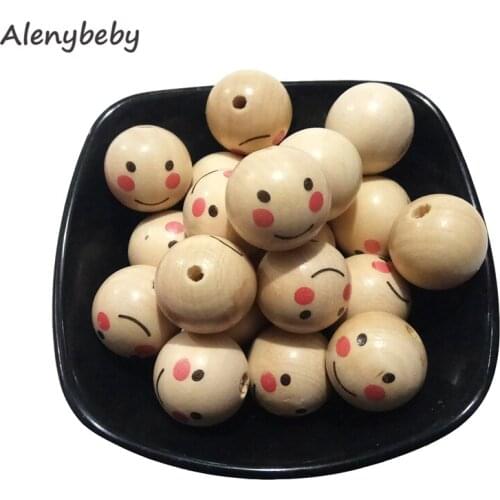 18mm Round Natural Wood Beads Teether Loose Printing Smile face Wooden Beads Necklaces for Jewelry Making products
