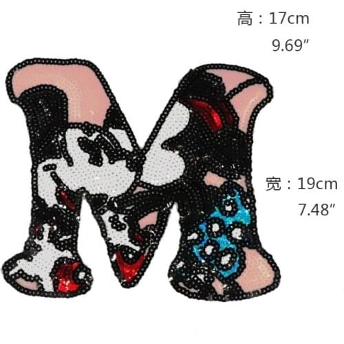 2PCS Cartoon Mouse English Alphabet M Sequins EMB Applique Sew On Patch DIY Embroidered Bling Letter M Clothing Accessories