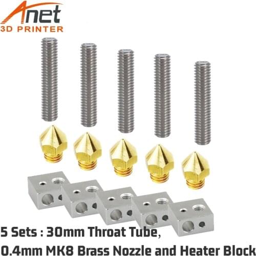 5Sets 0.4mm MK8 Brass Nozzle 5p 30mm/40mm Throat Tube and Heater Block Heating Hotend for MK8 Makerbot Anet A8 3D Printer