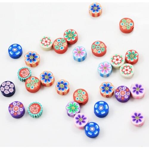500/100pcs China Yiwu 10mm Polymer Clay Coin Round Flat Beads Assorted Flower Prints on Beads for Necklaces Jewelry Making