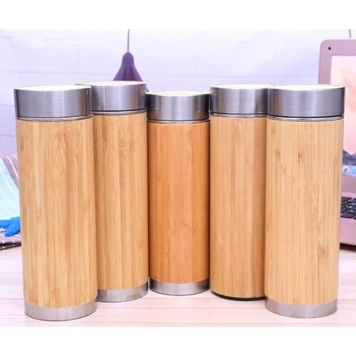 Bamboo Stainless Steel Water Bottle Vacuum Insulated Coffee Travel Vacuum Cup With Tea Infuser Strainer 450ML SN1742