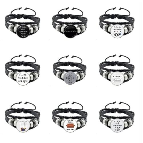 America TV Friends Show Black Leather Bracelet 18mm Glass Cabochon Adjustable Bangle Jewelry Women Mens Birthday Gift