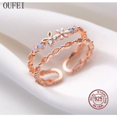 925 Sterling Silver Rose Gold Ring For Women Flower Crystal Simplicity Double Rings Luxury Fine Girl Gift Jewelry Accessories