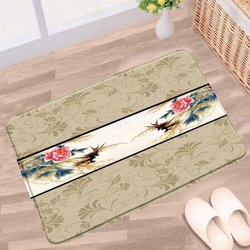Chinese Style Bathroom Mat Flowers Plants Bird Scenery Modern Non-slip Rug Flannel Home Decor Bath Kitchen Doorway Aisle Carpets