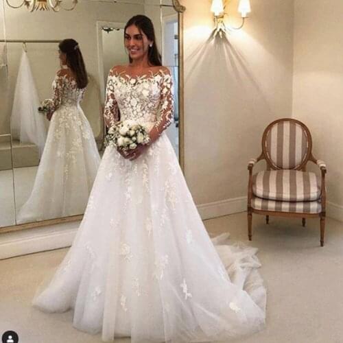 Lace wedding dresses 2020 long sleeve a line tulle a line sheer crew neckline long bridal dresses vestidos elegant wedding gowns
