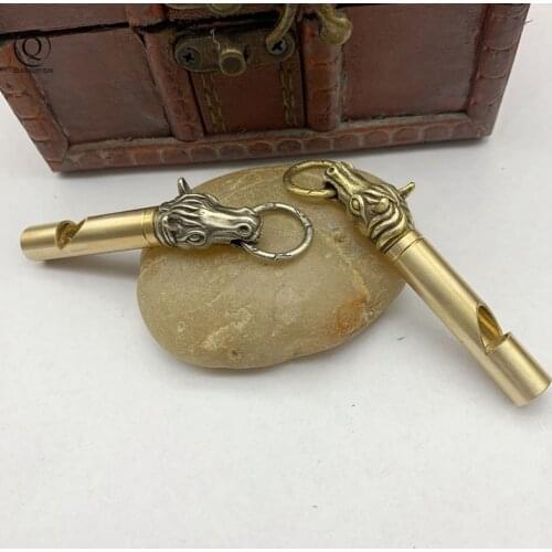 Handmade Brass Horse Head Whistle Car Keys Chains Pendants Men Women Outdoor Survival Tools Necklaces Lanyard Keychains Charms