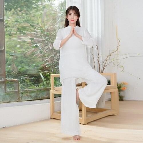 Summer Women Yoga Set Tai Chi Martial Arts Uniforms Loose Wide Leg Yoga Pant Yoga Shirt Kung Fu Meditation Suit Exercise Clothes