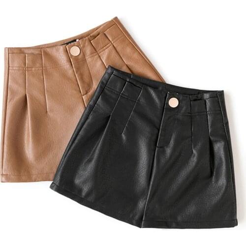 LJSXLS Korean Fashion Wide Leg Leather Shorts Women 2020 Autumn Winter Solid Pu Leather Casual High Waist Slim Woman Shorts