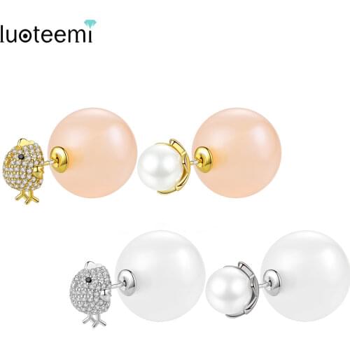 LUOTEEMI Cute Bird Women Round Stud Earrings for Wedding Paved Cubic Zircon Pink White Fashion Jewelry Brincos Christmas Gift
