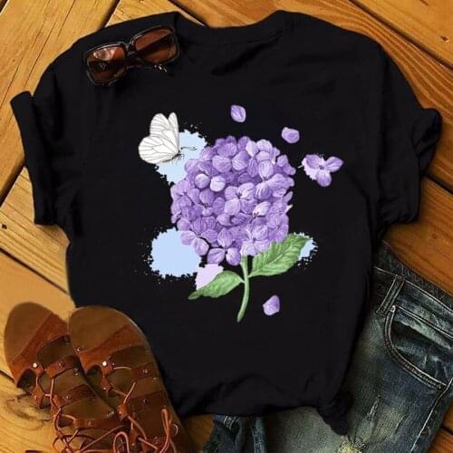 New Purple Flower Butterfly Print T Shirt Women Fashion Black T-shirt Harajuku Cute Graphic Tee Shirt Female Ladies Casual Tops