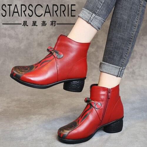 2021 autumn and winter new retro ethnic womens boots soft sole cowhide mother thick heel round toe riding boots