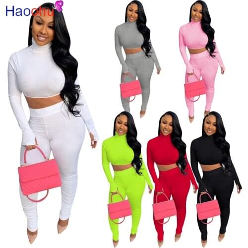 HAOOHU Solid Outfit casual Two Piece Sets Womenswear Long Sleeve Turtleneck Bandage Crop Top and Stacked Pant Set Suits
