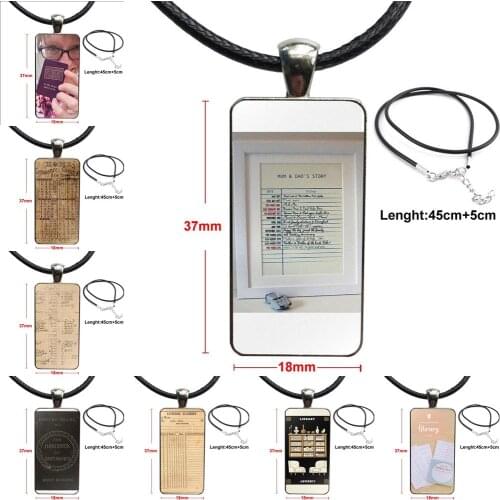 Stainless Steel Color Glass Cabochon With Rectangle Shaped Pendant Choker Necklace For Christmas Gift Vintage Retro Library Card