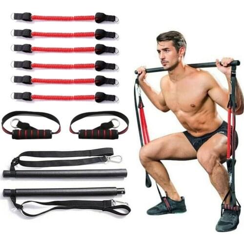 Yoga Pilates Stick Removable with 6 Resistance Band Training Bar for Gym Fitness Exercise Muscle Power and Squa Workout