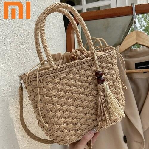 Woven Rattan Tote Bag Bucket Straw Shoulder Bag Vintage Beach Handbag Women Summer Small Basket Handmand Messenger Crossbody Bag