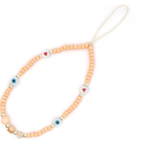 Ins Japanese and Korean Style Simple Mobile Phone Chain Golden Bead Women Glass Rice Bead Heart Shaped Mobile Phone Pendant