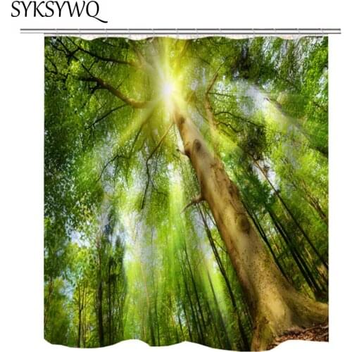 Drop shipping tree bathroom curtain sets with rings printing sunshine forest hooks shower curtain