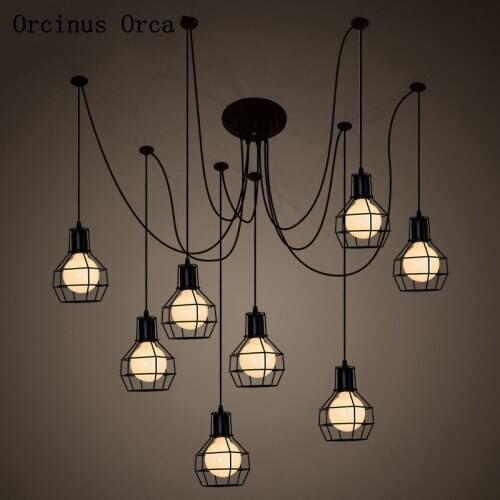 Retro-industrial iron cage chandelier living room, bar office, American retro-creative LED spider multi-head Chandelier