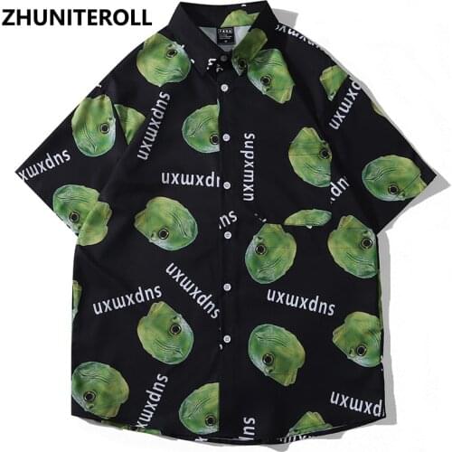 Harajuku Hawaii Shirt Hip Hop Streetwear Funny Ugly Fish Head Print Beach Shirt Men Summer Short Sleeve Casual Fashion Clothing