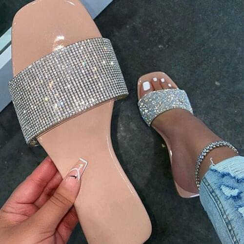 Ladies Fashion Crystal Slippers Flat Square Toe Sandals Women Sexy Shoes PU Womens Casual Shoe Female Footwear 2021 Summer