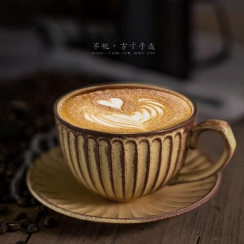 Antique coffee cup and dish handmade Japanese flower cup European style small coarse ceramic coffee cup saucer set 300ml