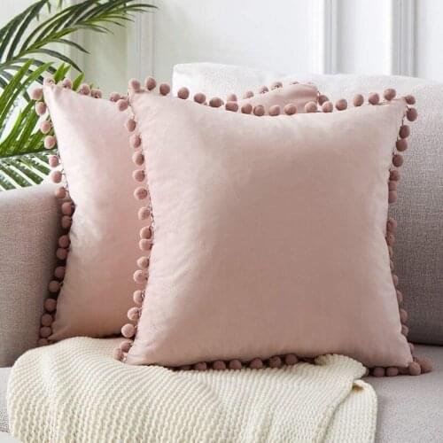 Ins style home fabric model room sofa ball lace pillowcase, solid color velvet, soft decorative pillowcase, sofa cushion cover