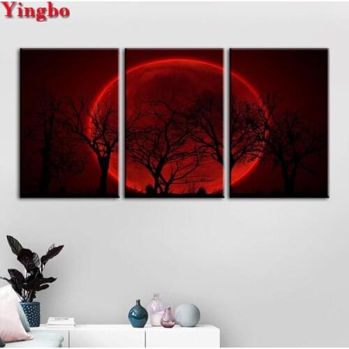 Triptych Painting 5D DIY Full Square Diamond Painting Red Moon Tree landscape Multi-picture Embroidery Cross Stitch Mosaic Decor