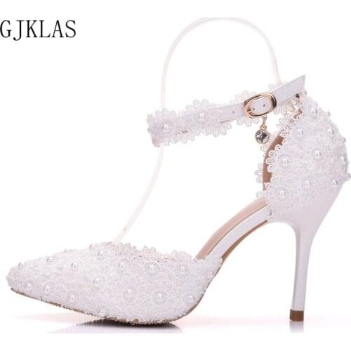 White High Heels Women Shoes Lace Pearl Pumps Pointed Toe Heels Wedding Dress Shoes for Women Bride Sexy Heels 9cm Size 34-42